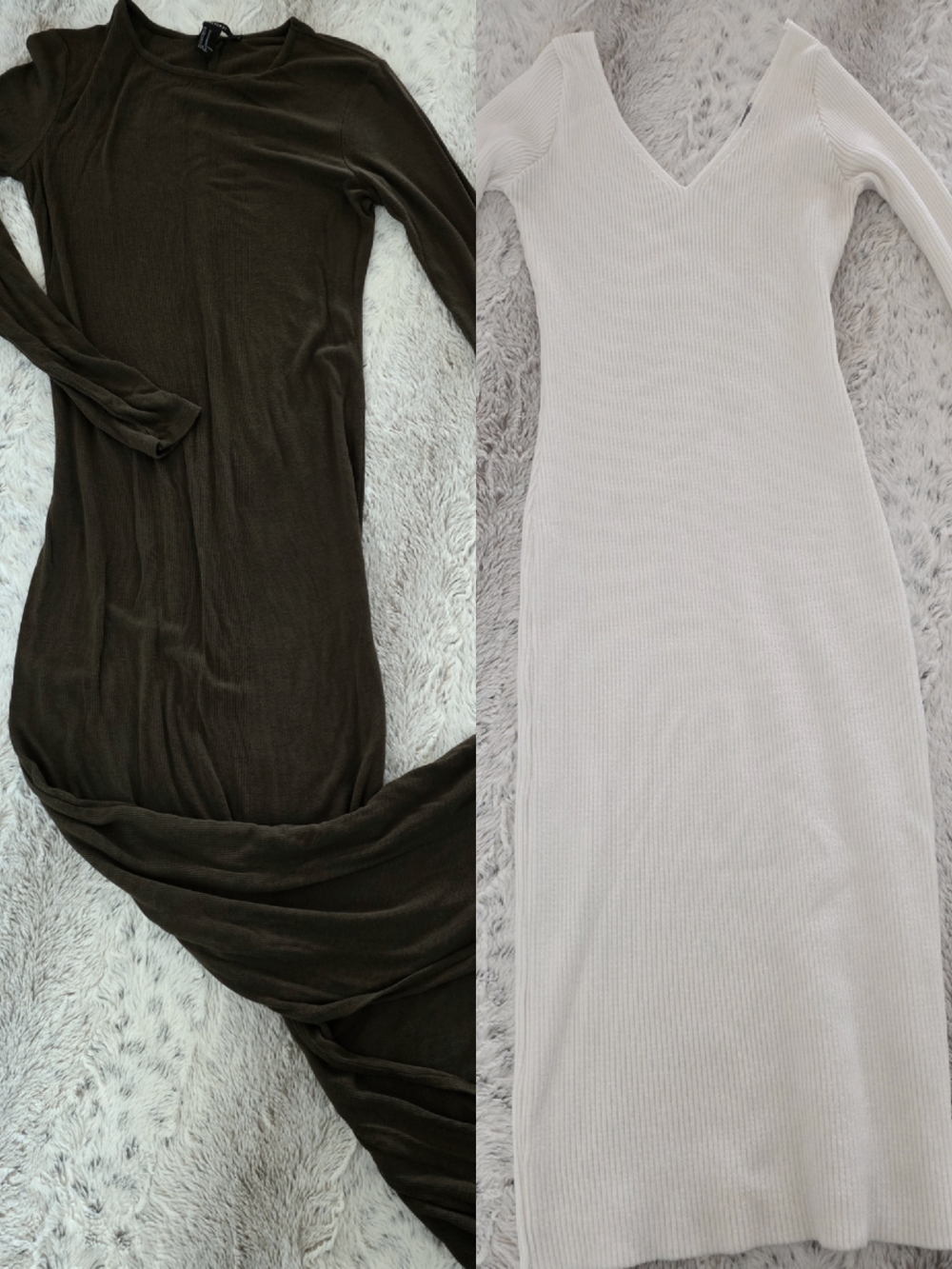 Two Long Ribbed Knit Dresses -MIDI MAXI- Olive Green & Cream MEDIUM